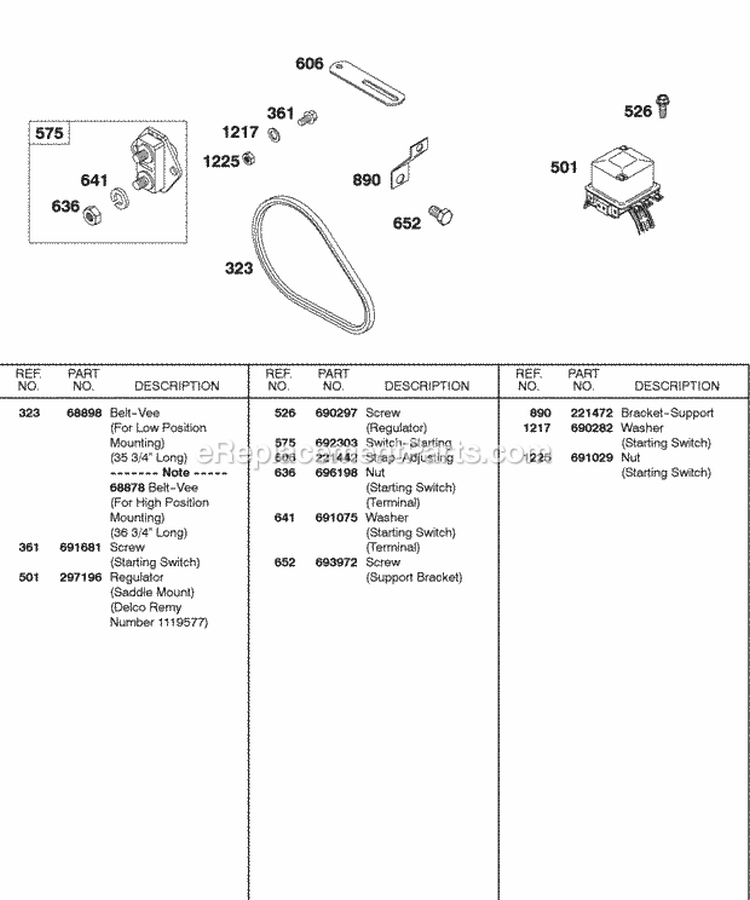 Regulator Vee Belt Diagram and Parts List for 326431-0129-99  Briggs and Stratton Engine